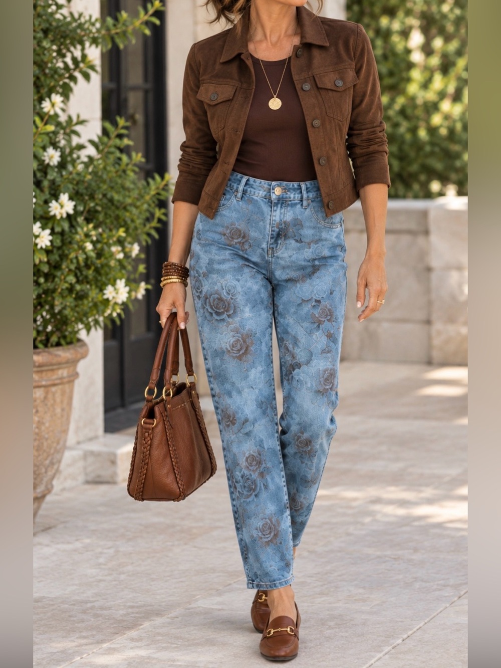 CHARLIE B Blue Denim reversible Jeans with Floral side